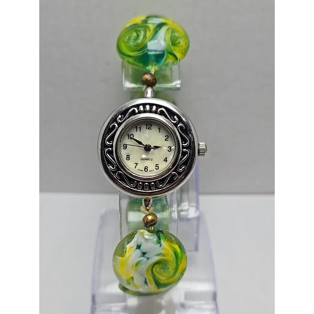 Womens Seiko Movement Lampwork Beaded Watch Bracelet Green Yellow Glass Art